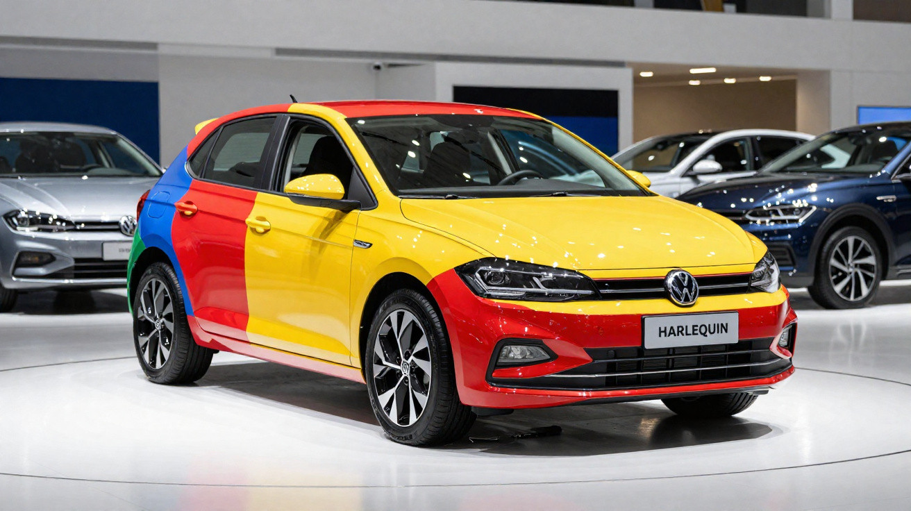 Volkswagen Polo Harlequin hatchback with multicoloured panels on display in a showroom.
