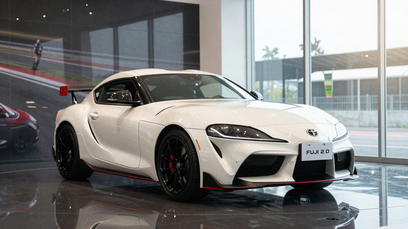 White Toyota GR Supra sports car displayed indoors with black wheels and red accents on a glossy floor.