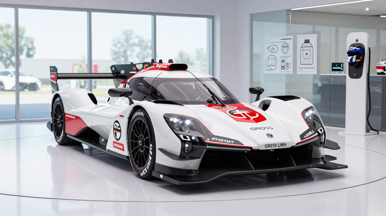 White and red electric race car displayed in a bright showroom with large windows and a helmet charging station.