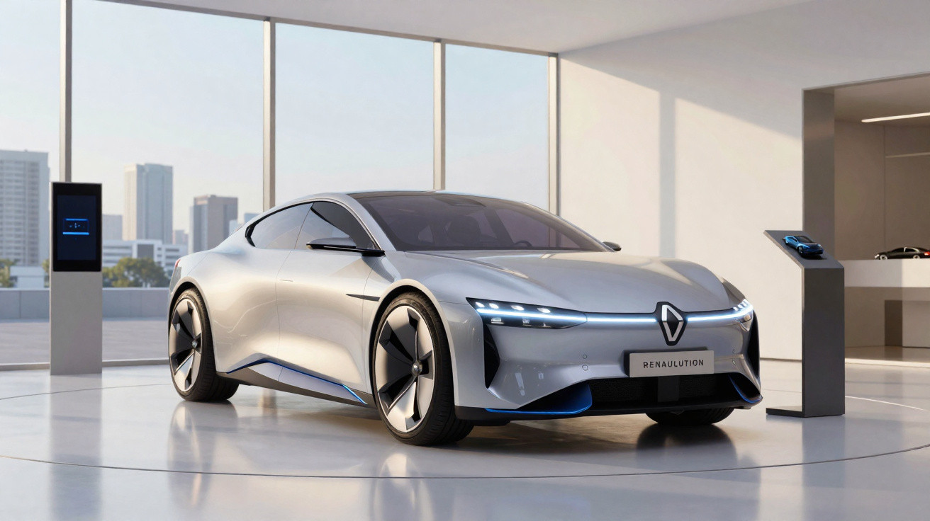 Silver Renault electric concept car displayed in a modern showroom with city buildings visible through large windows