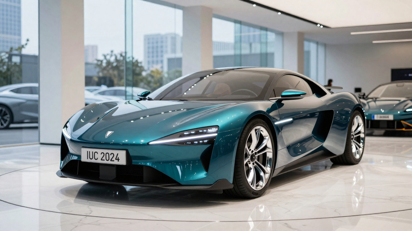 Sleek metallic blue sports car with futuristic design displayed inside a modern showroom with large windows.