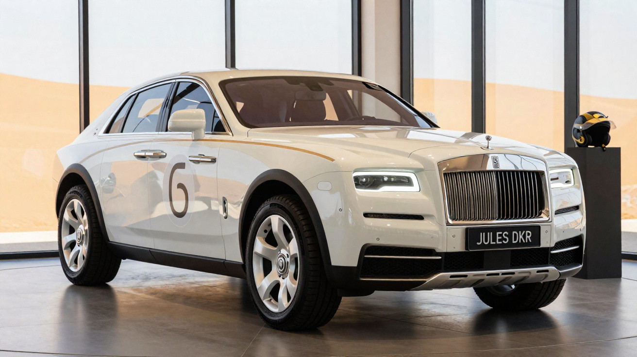 White Rolls-Royce Cullinan luxury SUV with racing number 6 and customised license plate "JULES DKR" indoors.