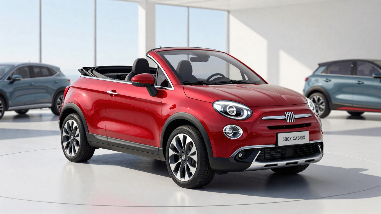 Red Fiat 500X Cabrio convertible car parked indoors with two grey SUVs in the background.