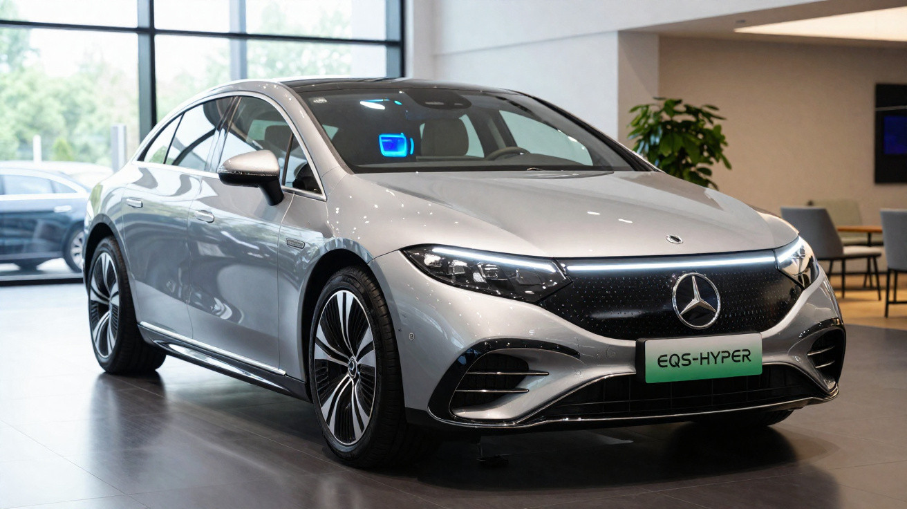 Silver Mercedes-Benz EQS-Hyper electric luxury sedan displayed indoors with modern interior background.