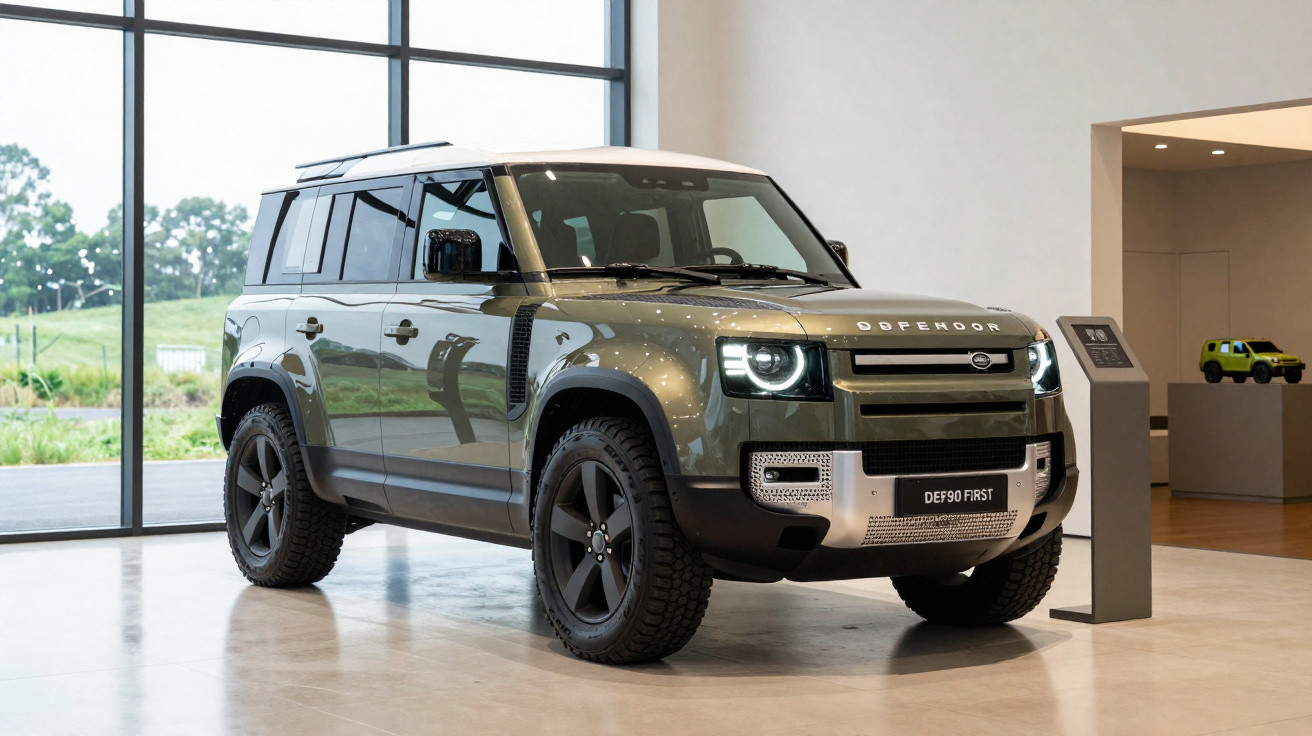 Green Land Rover Defender 90 4x4 displayed indoors with large windows in the background.