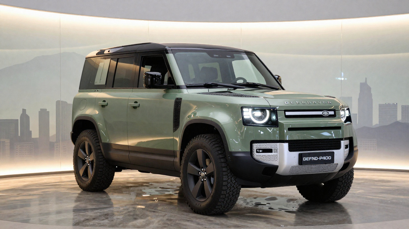 Green Land Rover Defender P400 SUV displayed in a showroom with cityscape background.