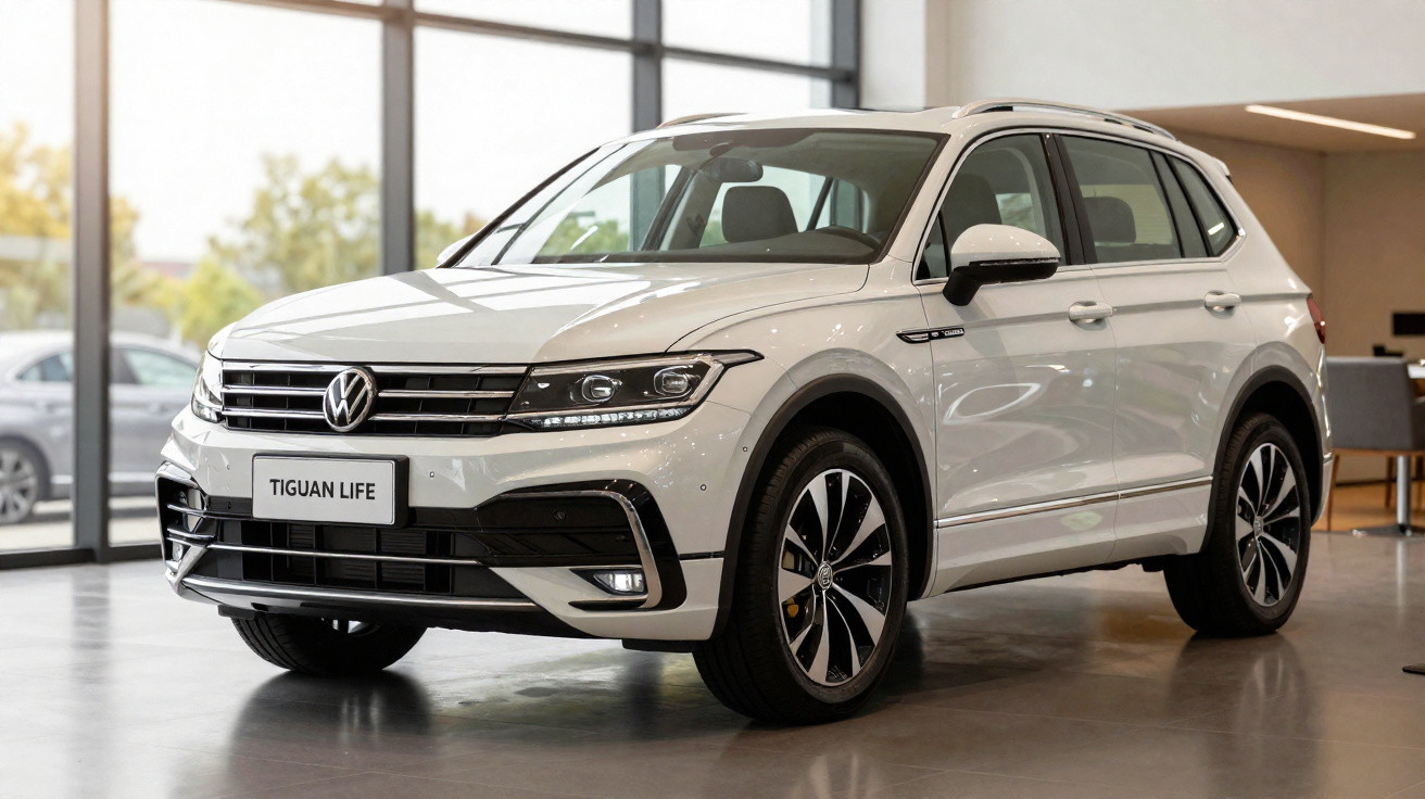 White Volkswagen Tiguan Life SUV parked inside a bright modern showroom with large windows.