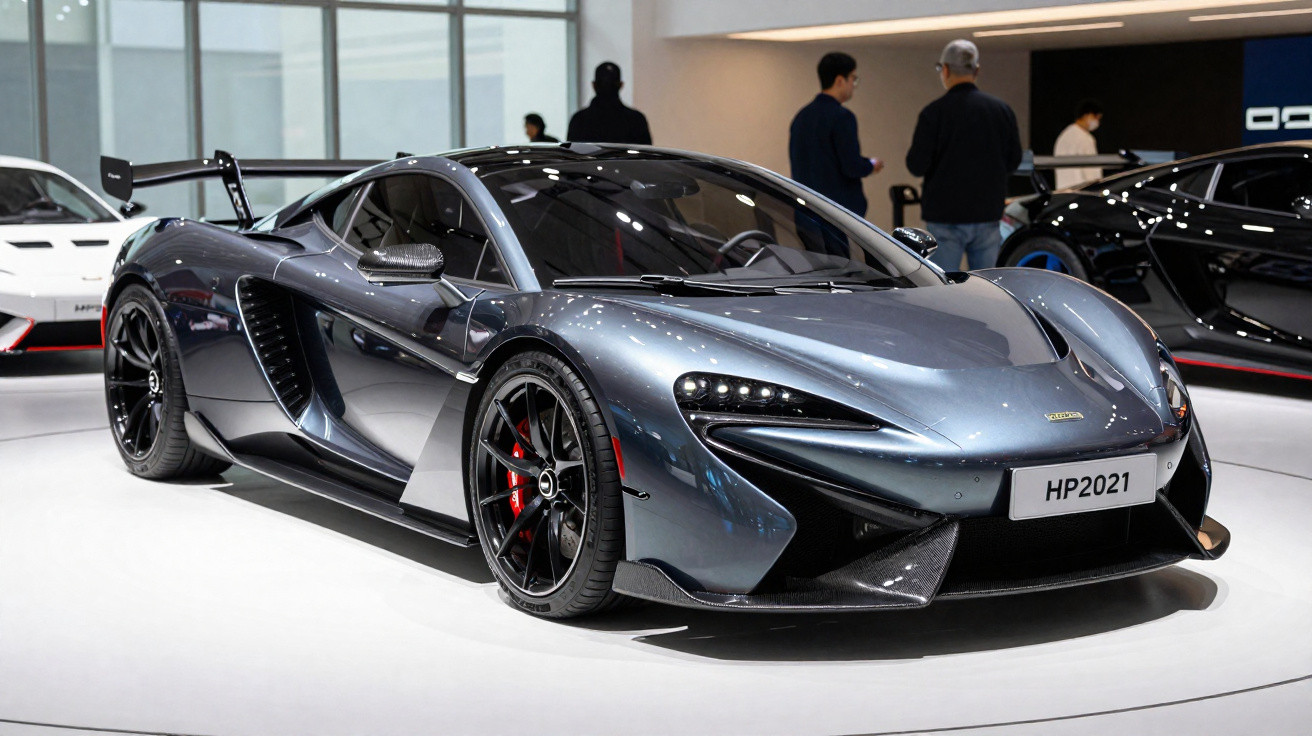 Sleek metallic grey McLaren sports car on display in a showroom with people in the background.