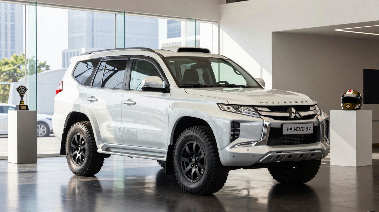 White Mitsubishi Pajero SUV displayed indoors with large off-road tyres and black rims.