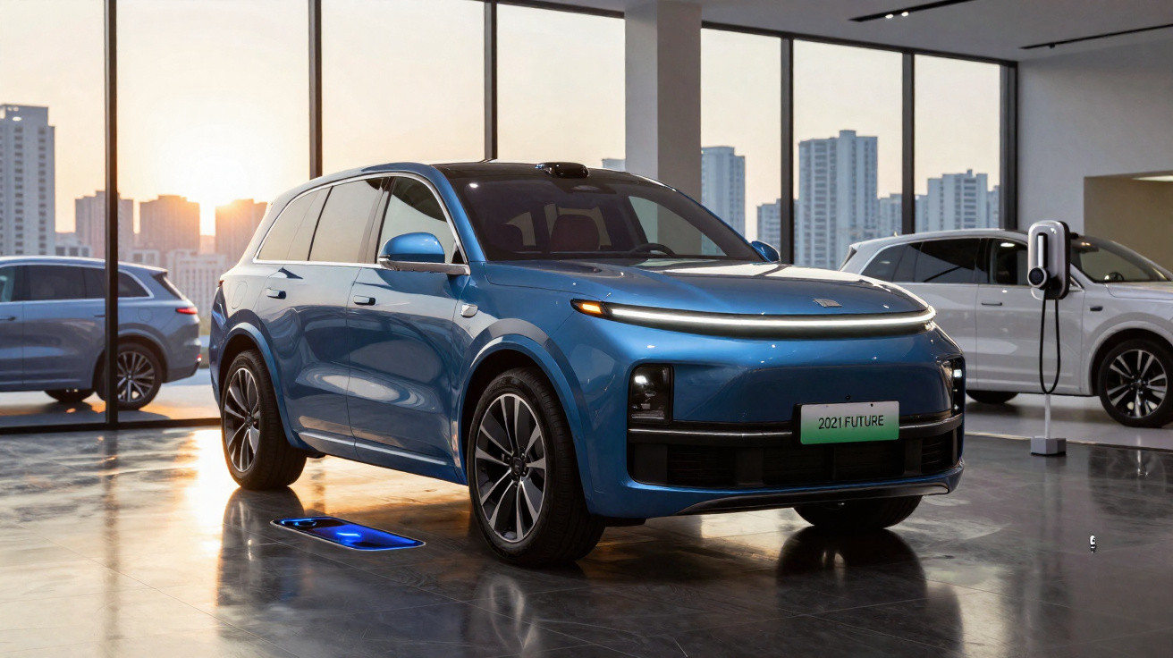 Blue electric SUV displayed indoors with sunlight through large windows and city skyline in background.