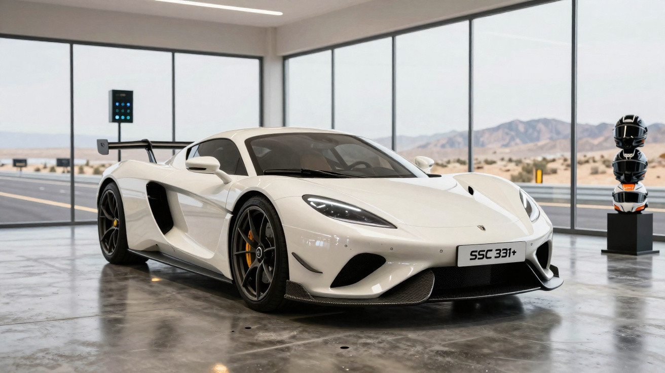 White SSC 331+ sports car inside a showroom with large windows showing a desert landscape outside.