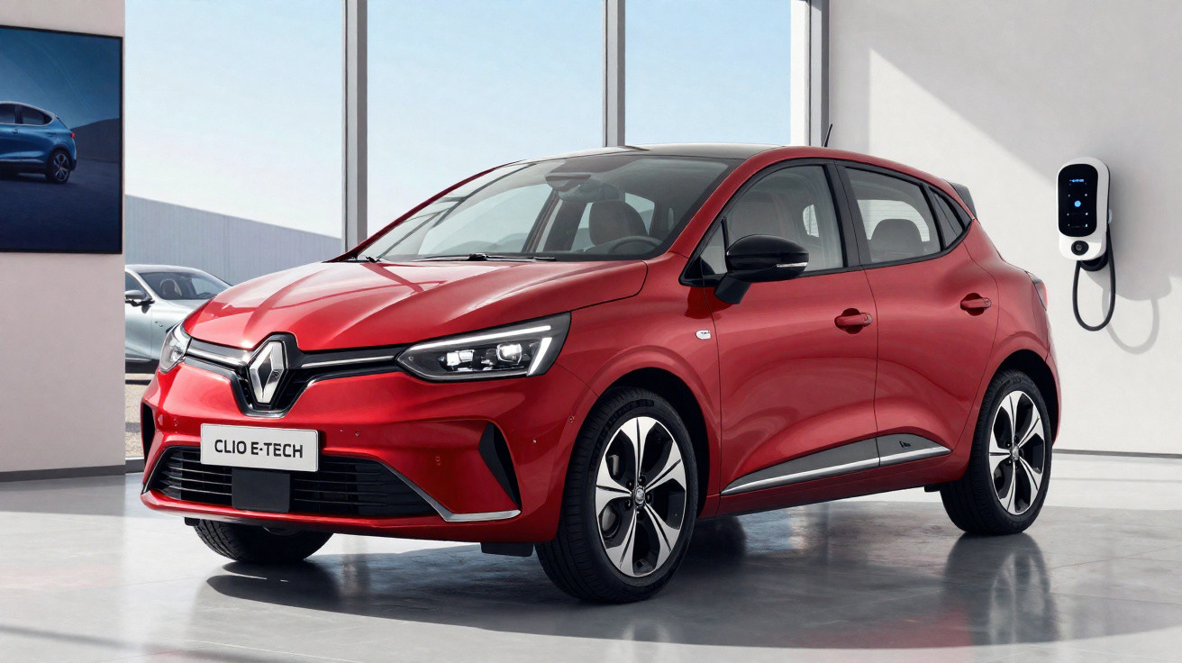 Red Renault Clio E-Tech electric car parked indoors next to a charging station on a polished concrete floor.