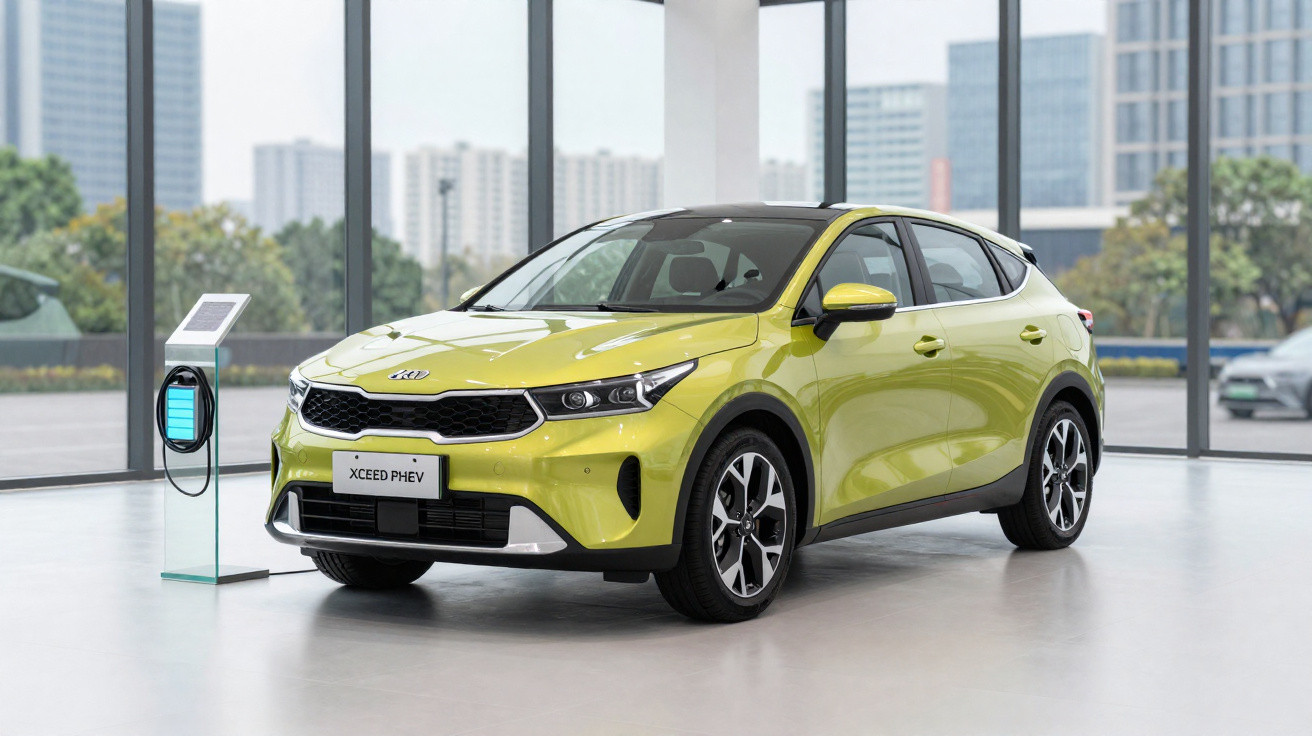 Bright green Kia XCeed PHEV electric car on display in showroom with charging station beside it.