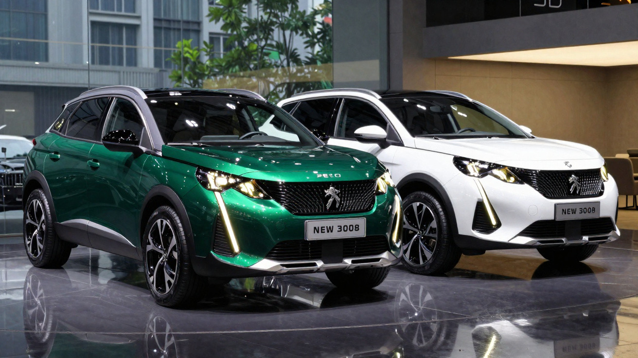 Two Peugeot New 3008 SUVs, one green and one white, displayed indoors on a polished floor.