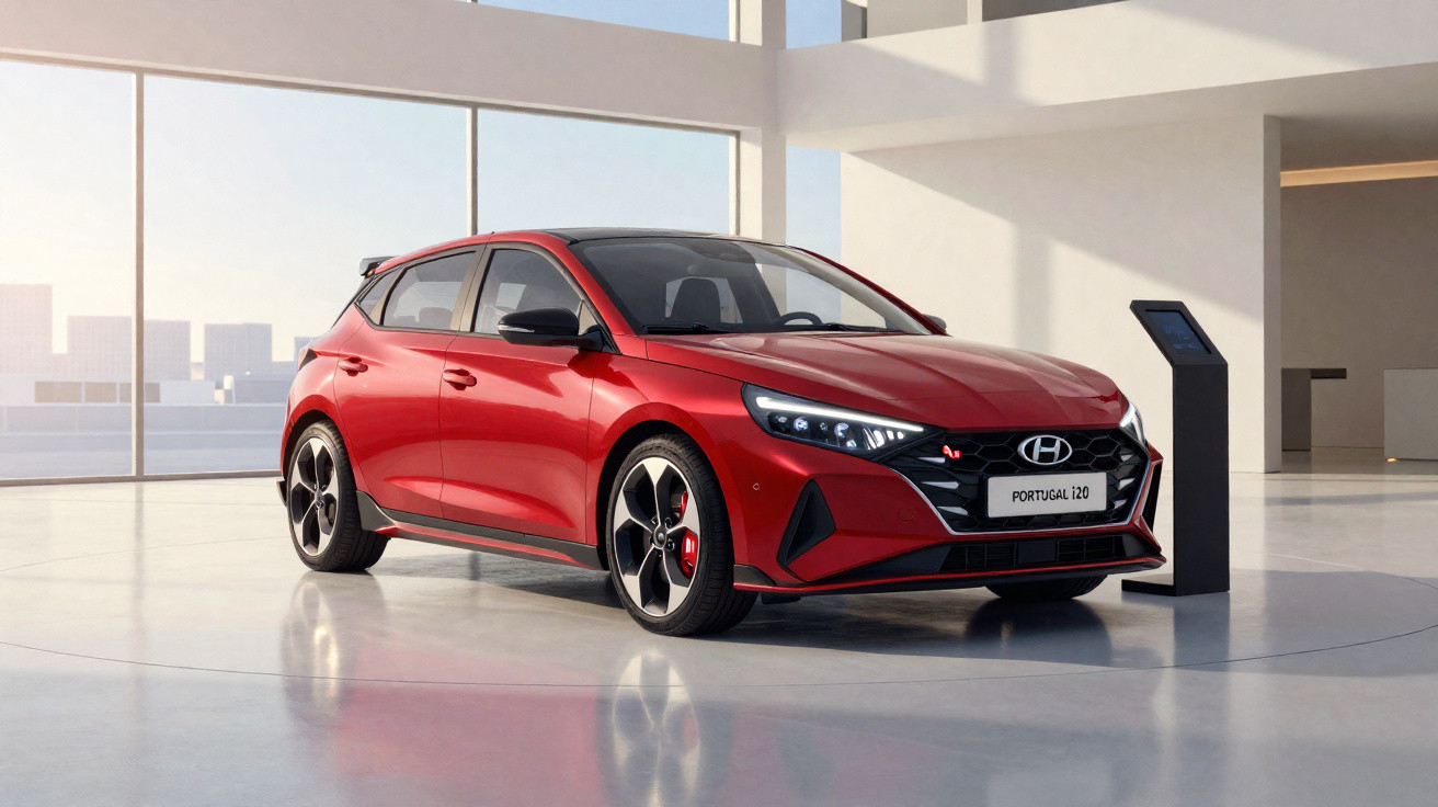 Red Hyundai i20 hatchback displayed in bright, modern showroom with large windows and touchscreen stand.