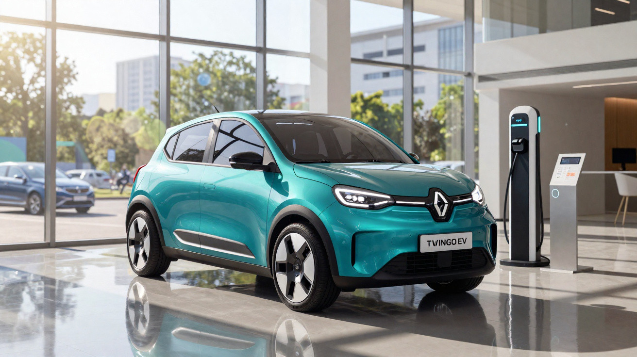 Teal Renault Twingo EV electric car displayed indoors next to a charging station with large windows in the background.