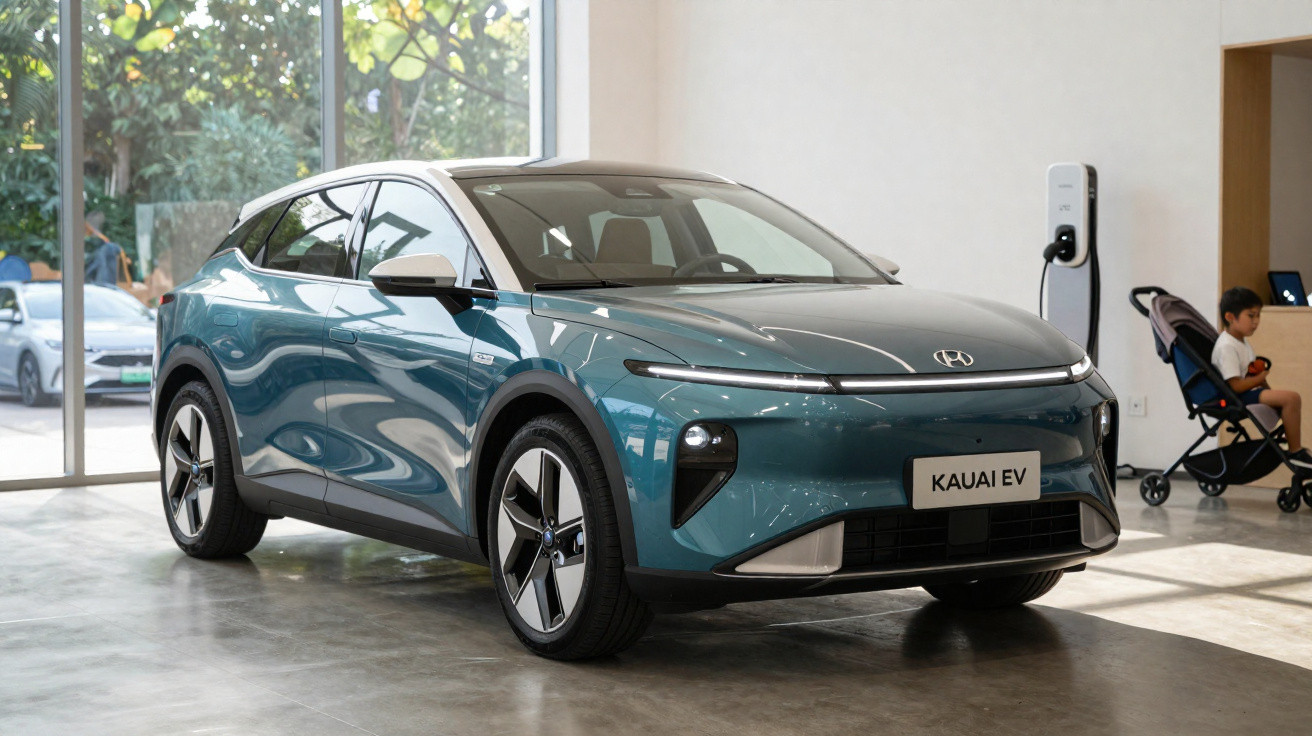 Blue Hyundai Kauai EV electric car parked indoors near a charging station with a child in a stroller nearby.
