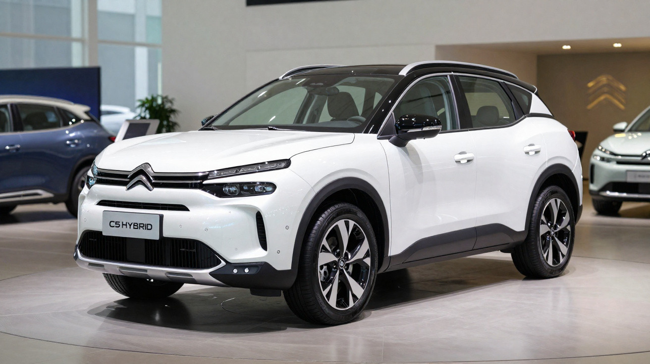 White Citroën C5 Hybrid SUV displayed indoors with black roof and alloy wheels.