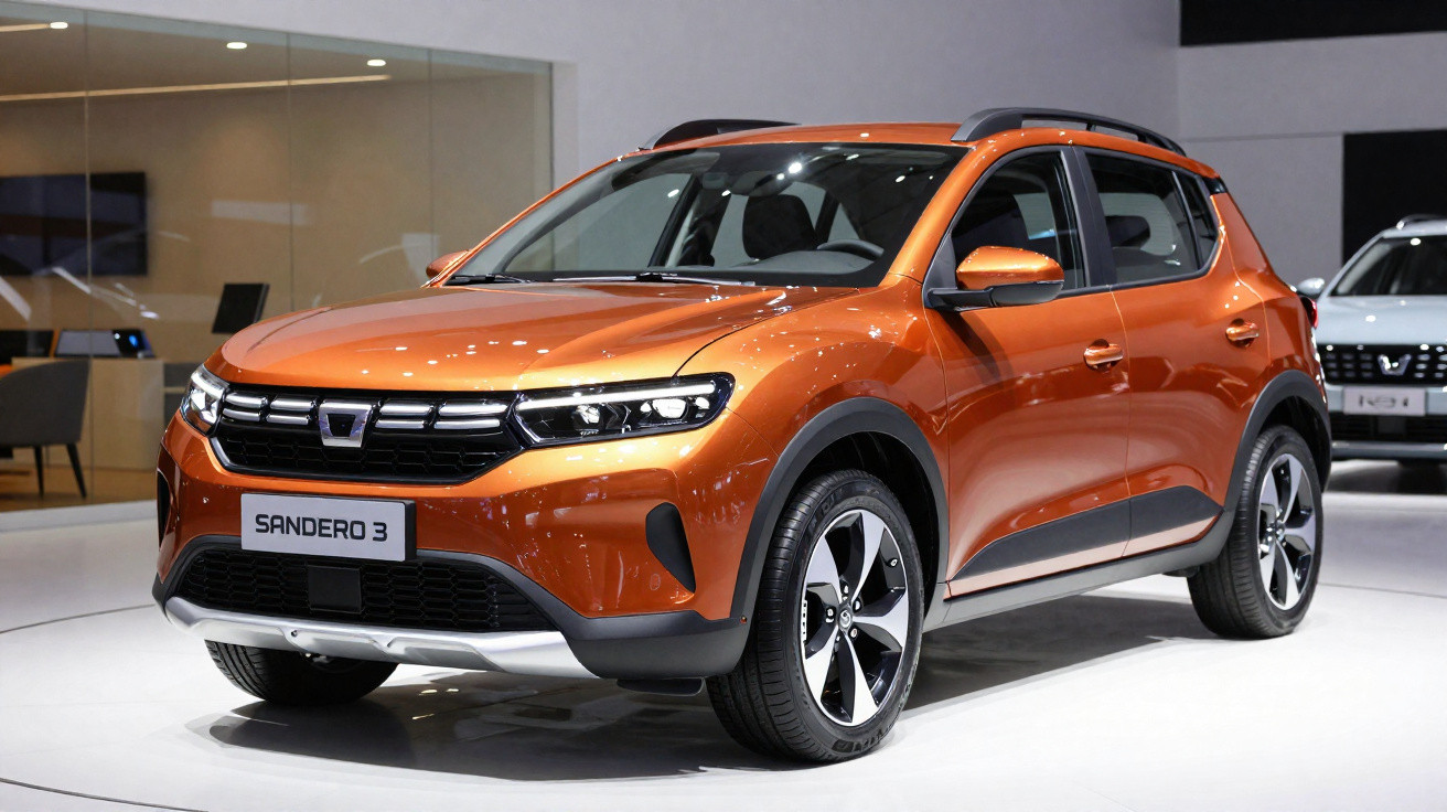 Orange Dacia Sandero 3 compact SUV displayed indoors with modern headlights and black trim details