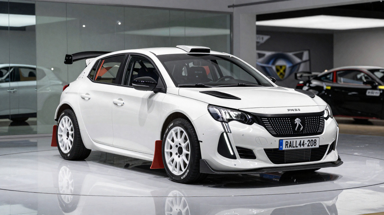 White Peugeot 208 rally car with sporty modifications displayed indoors on a glossy floor.