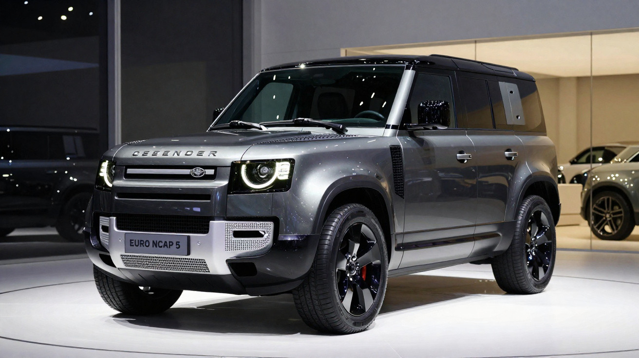 Grey Land Rover Defender SUV displayed indoors with modern design and black alloy wheels.