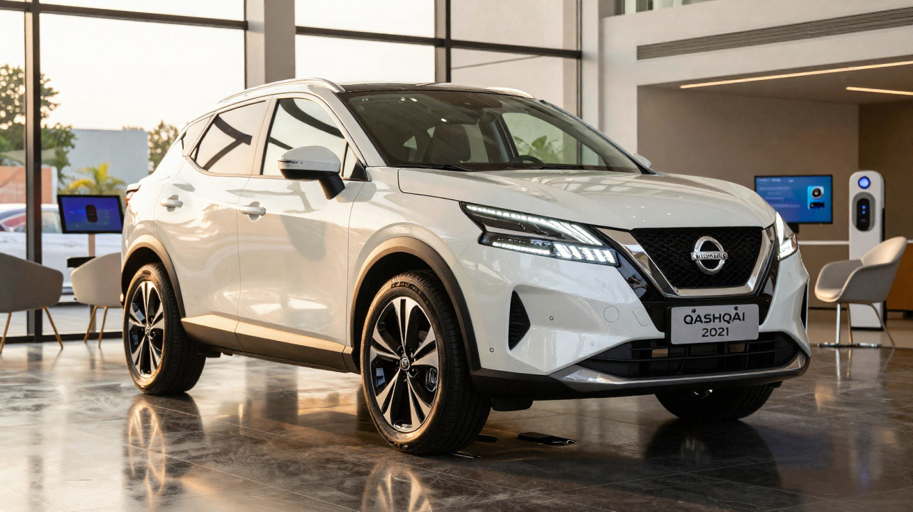 White 2021 Nissan Qashqai SUV displayed in a showroom with large windows and modern furniture.
