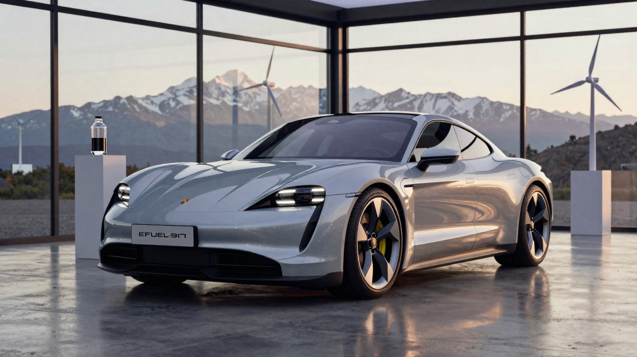 Silver Porsche sports car with wind turbines and snowy mountains visible through large glass windows.