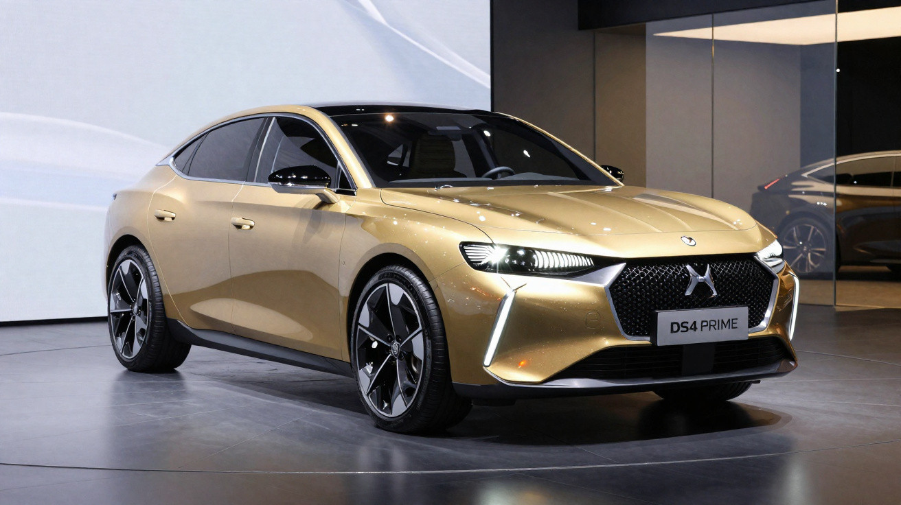 Gold DS4 Prime luxury car displayed indoors with sleek design and black alloy wheels