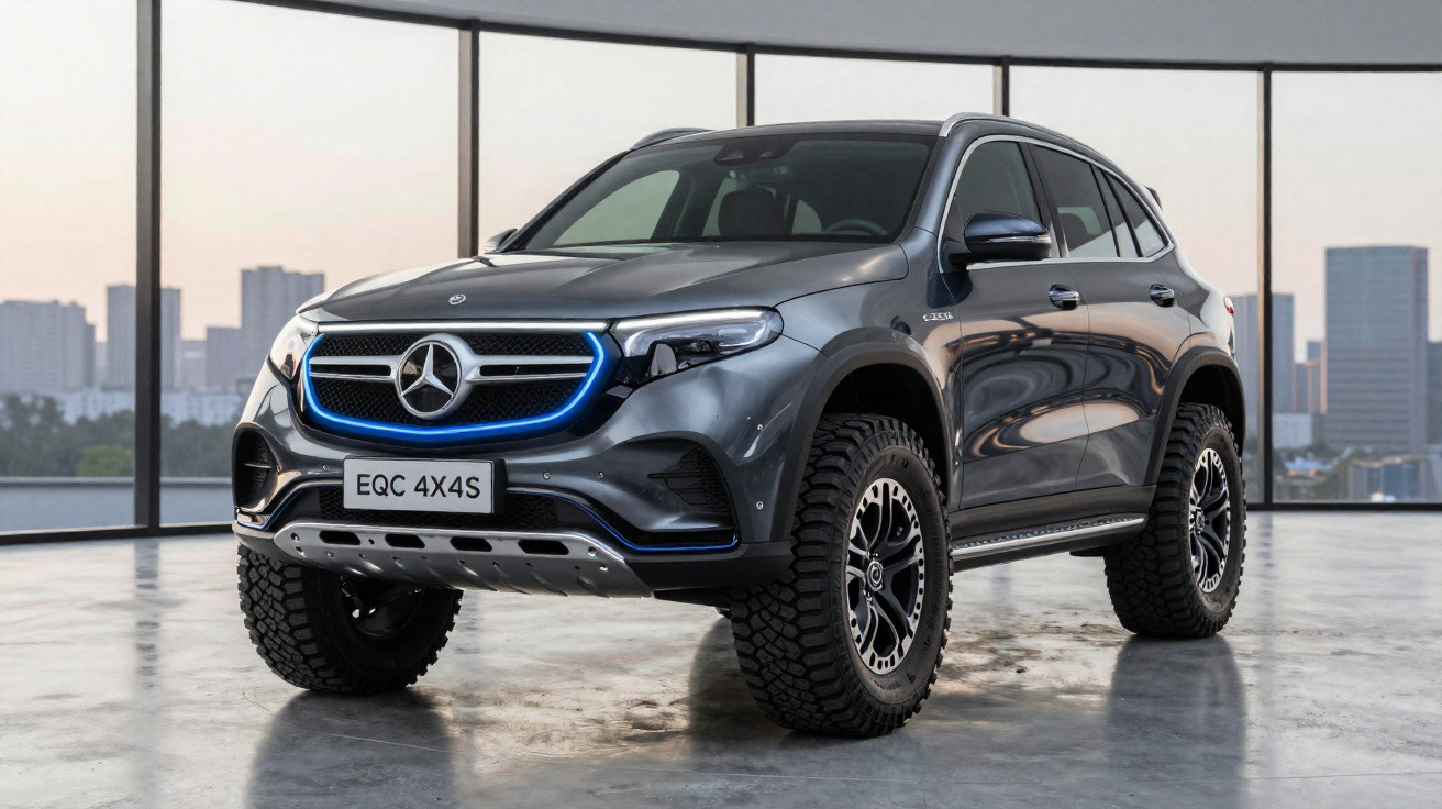 Mercedes-Benz EQC 4x4S electric SUV in dark grey with off-road tyres displayed in a modern showroom.