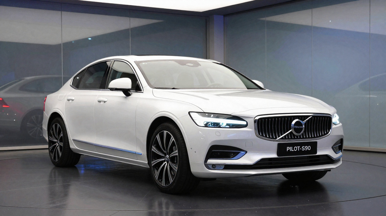 White Volvo S90 sedan parked indoors with sleek body and illuminated headlights.