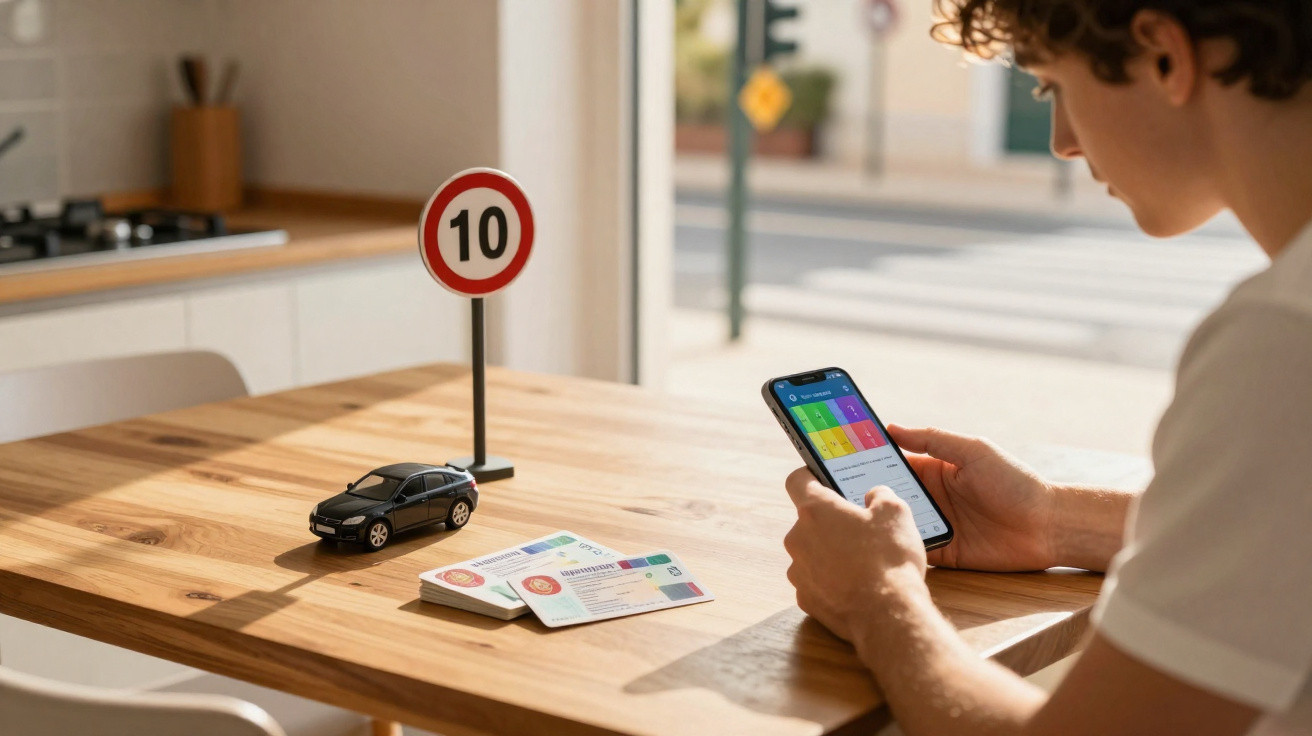 Person using smartphone at table with toy car, speed limit sign, and driving licence cards.