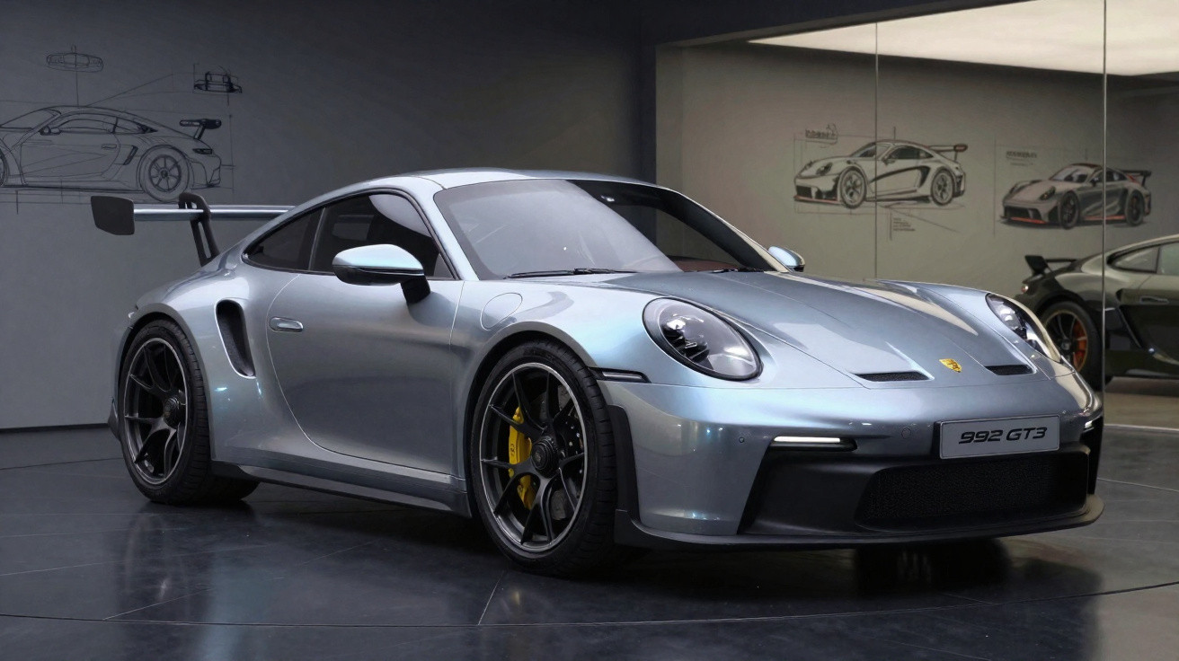 Silver Porsche 992 GT3 sports car in showroom with car sketches on walls and reflective floor.