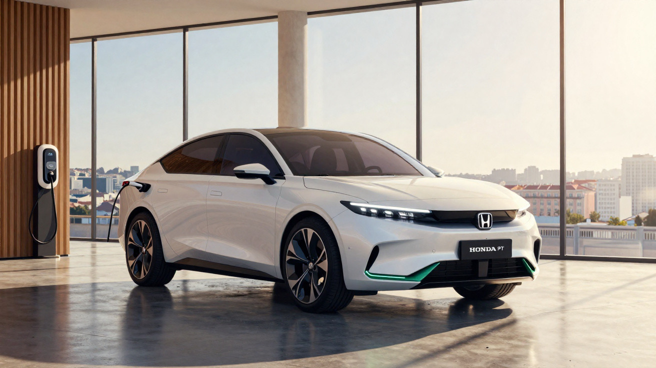 White Honda electric car charging in a modern showroom with large windows and city view outside.