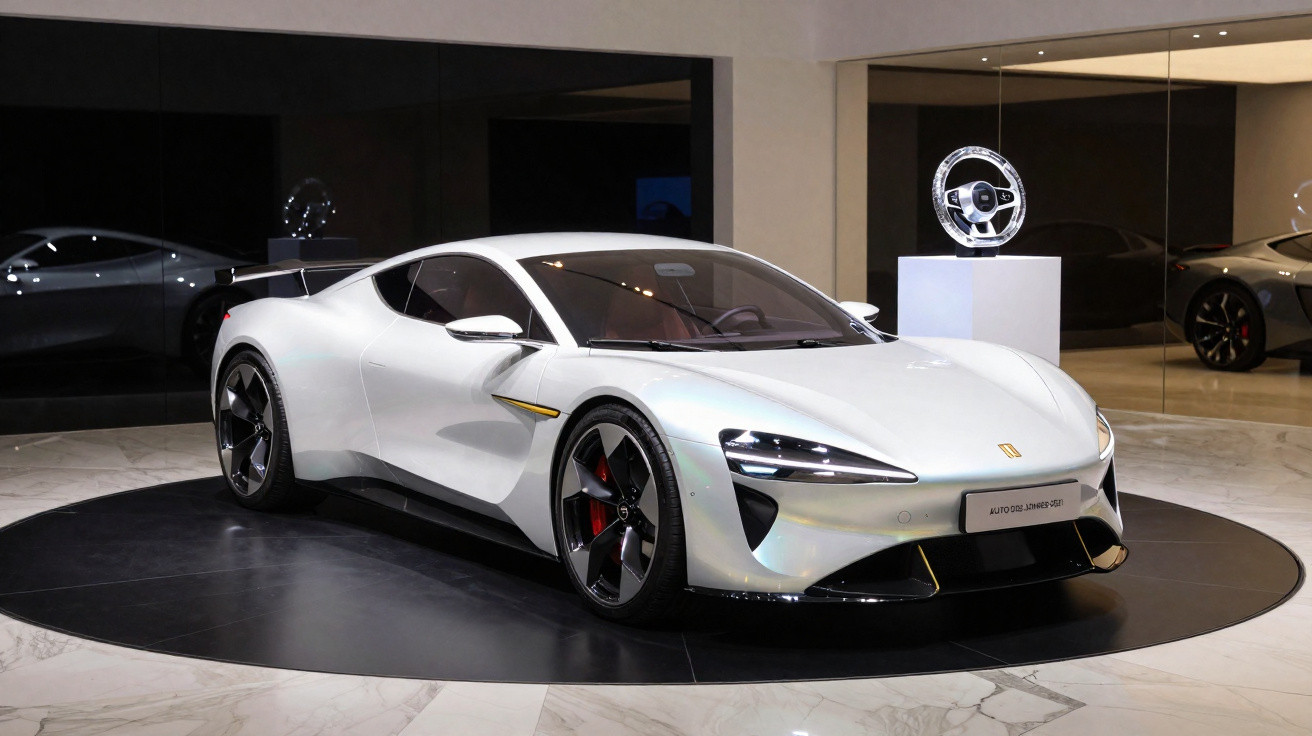 White sleek sports car displayed on a black circular platform in a modern showroom with marble flooring.