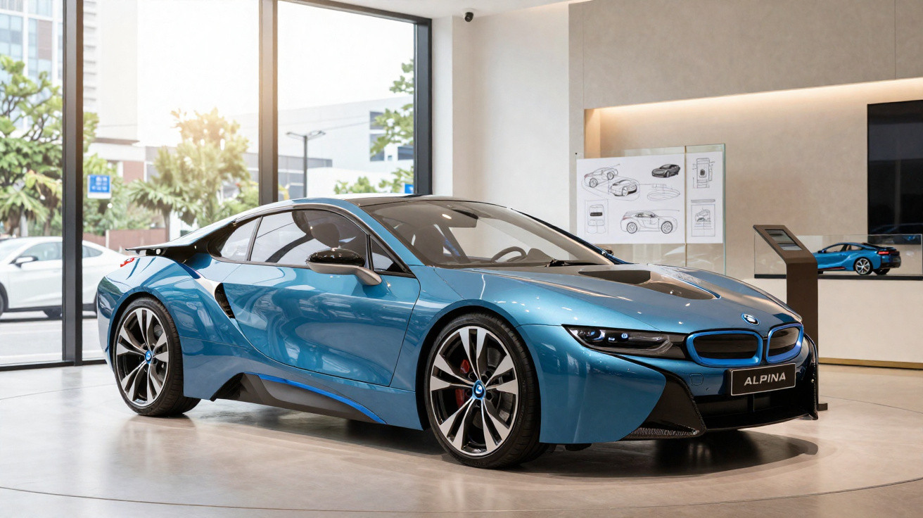Blue BMW Alpina i8 sports car displayed in a modern showroom with large windows and sketched designs on the wall.