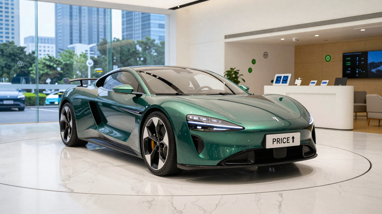 Green sports car on display inside a modern showroom with city buildings visible through glass walls.