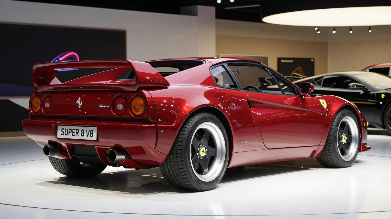 Red Ferrari sports car with large rear spoiler displayed indoors on white platform