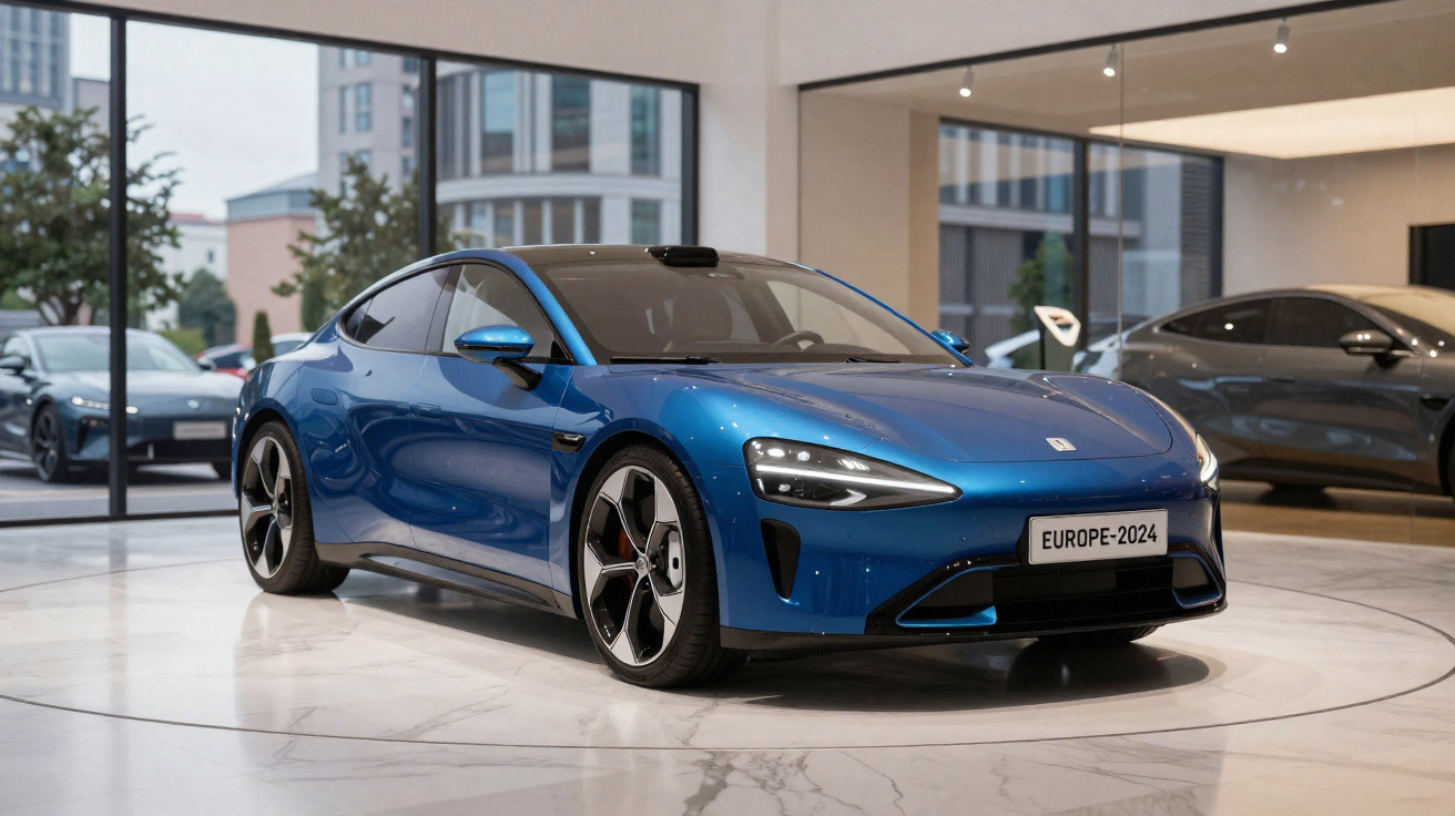 Blue electric sports car displayed in a modern showroom with large windows and polished floors.