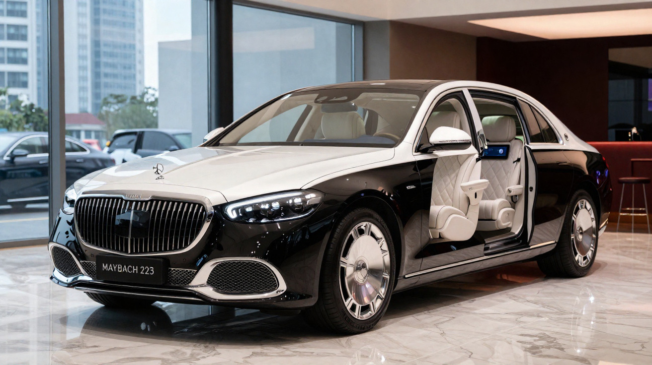 Luxury black and white Maybach 223 car with rear doors open, displayed in a modern showroom.