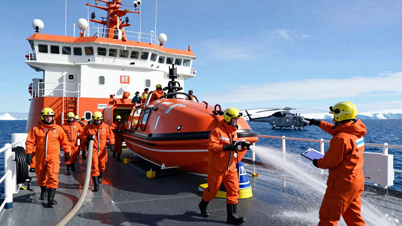 Crew in orange safety gear conducting a drill on a ship deck with a helicopter and lifeboat in icy waters.