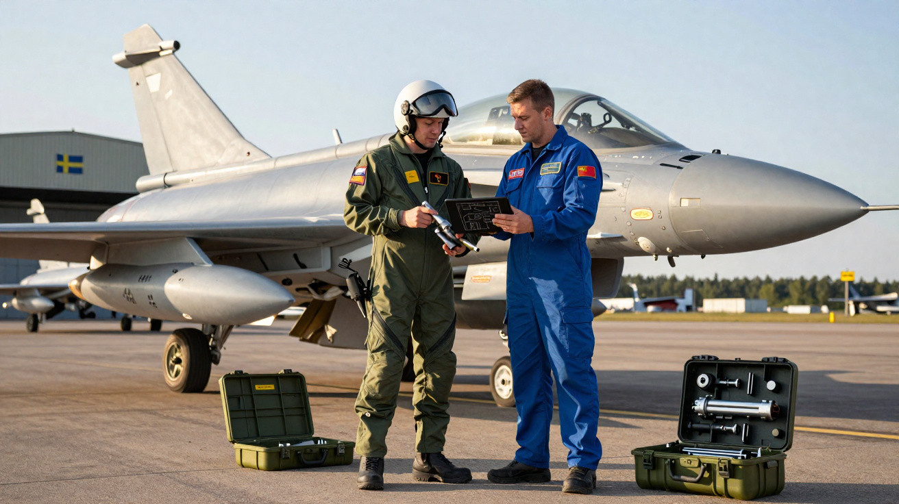 Two pilots in flight suits reviewing a checklist beside a grey fighter jet on an airbase tarmac.