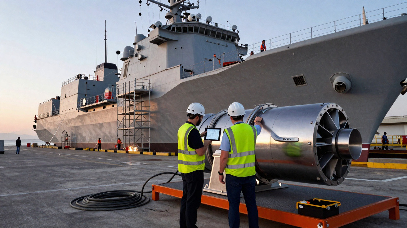 Two workers in high-visibility vests and helmets inspect machinery beside a large naval ship docked at sunset.